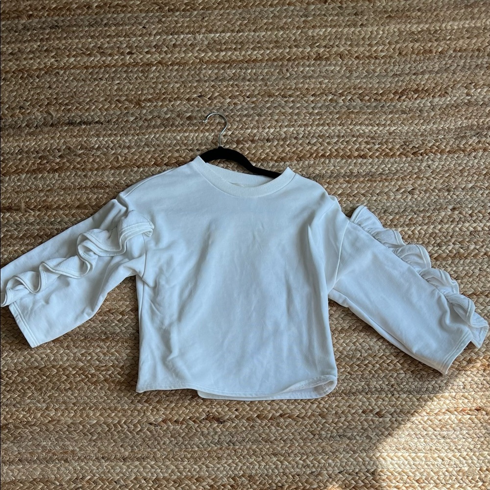J. O. A. Los Angeles revolve white cropped sweatshirt with ruffle sleeves